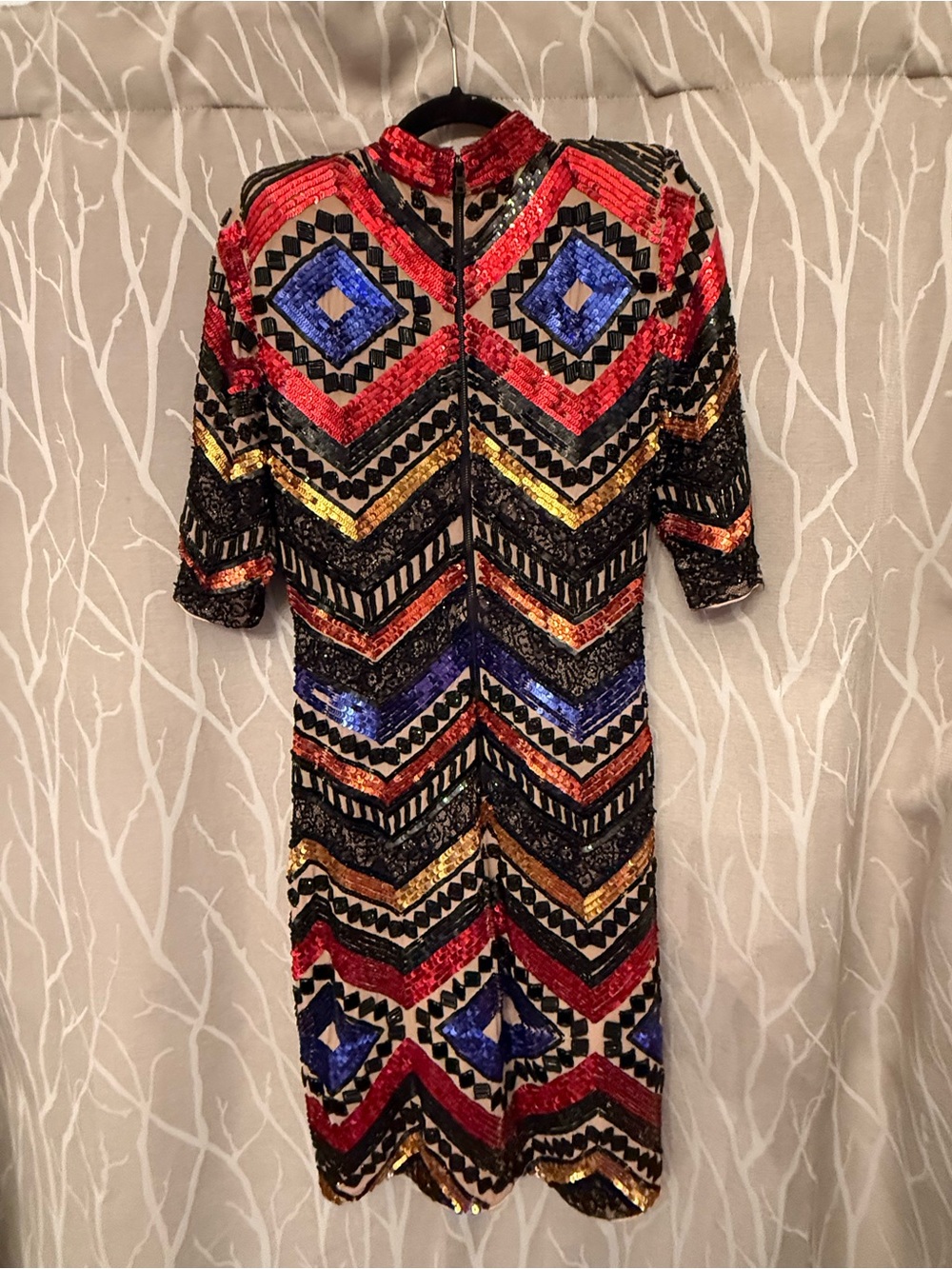 Alice + Olivia Red, Blue, Gold Sequin Chevron Midi Dress - Picture 2 of 3